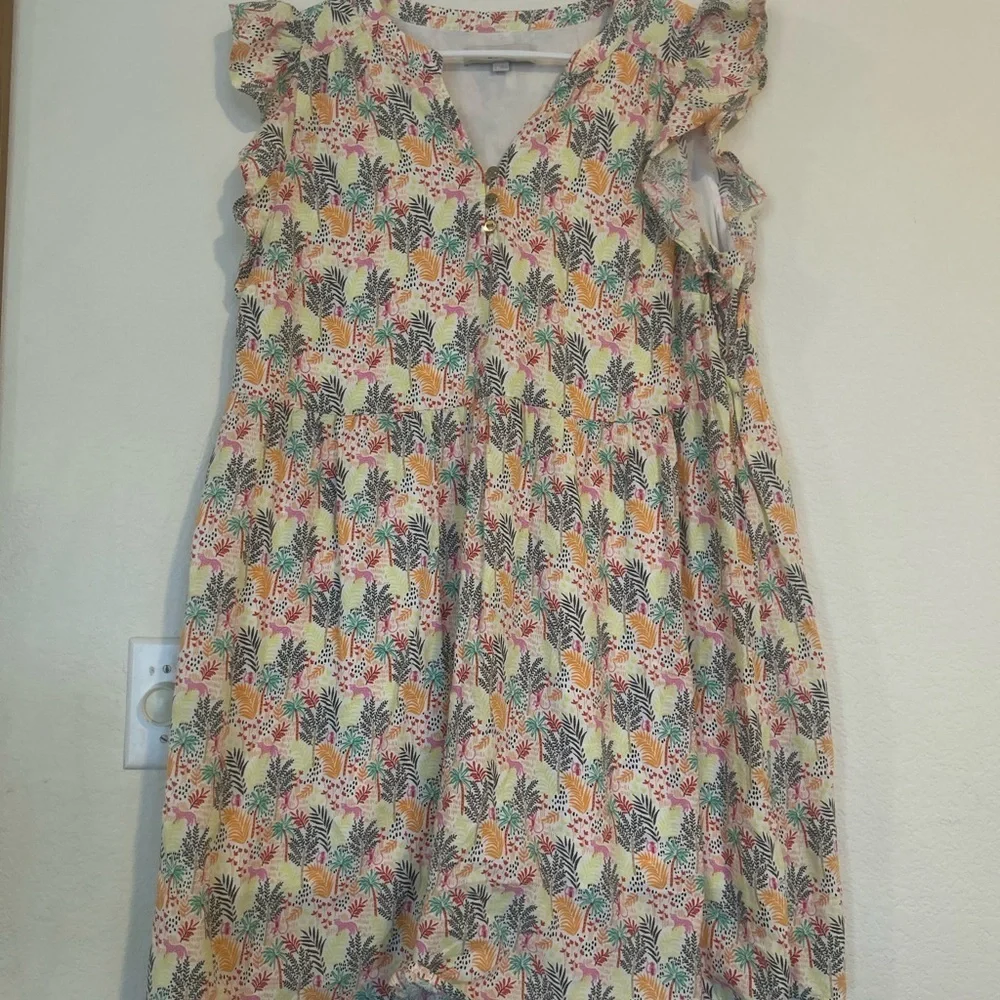 LOFT Tropical Novelty Animal/Jungle Ruffle Button Mini Shift Dress Large